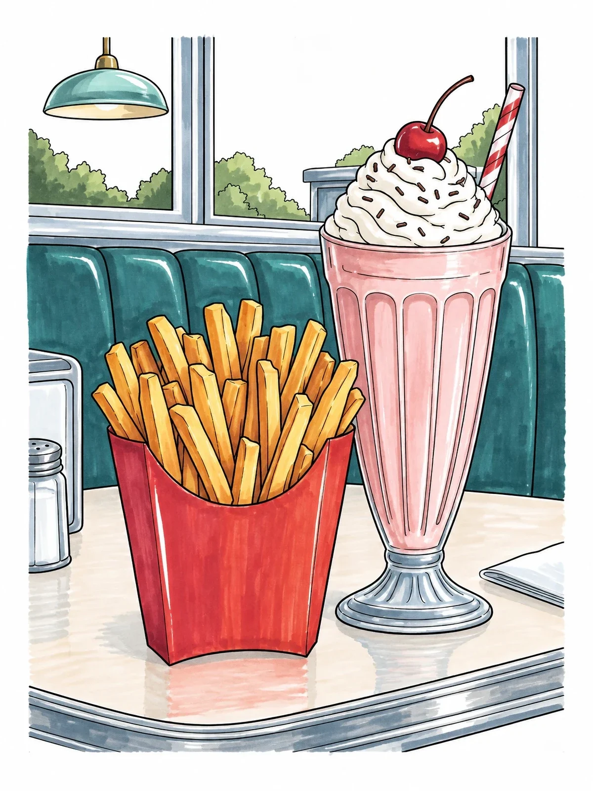 Colored example of the French Fries And Diner Milkshake coloring page