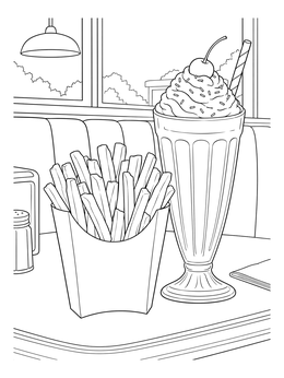 A carton of crispy fries beside a tall milkshake in this french fries coloring page.