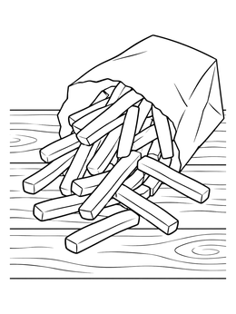 A french fries coloring page showing golden potato fries spilling from a paper bag onto a wooden table.