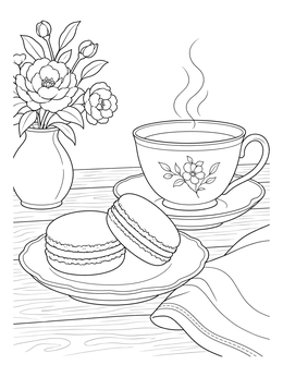Free printable French Macarons With Hot Tea coloring page