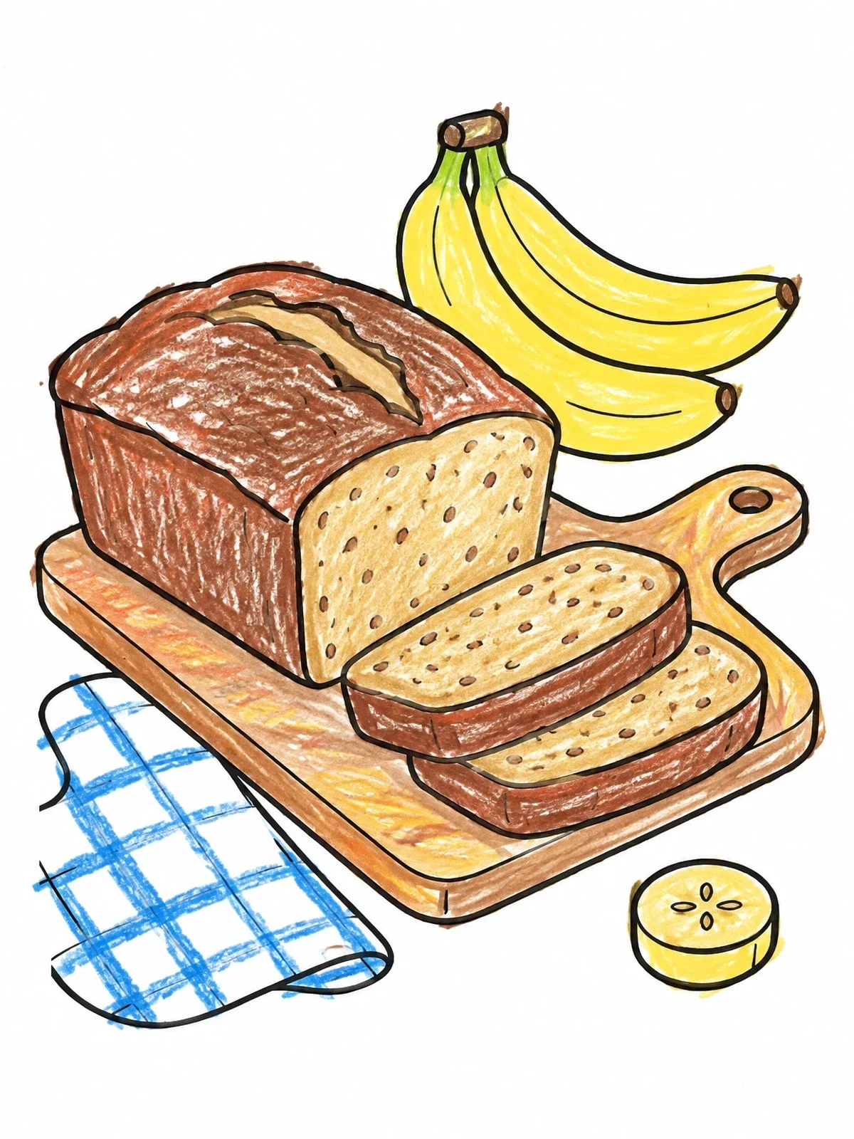 Colored example of the Fresh Banana Bread On Cutting Board coloring page
