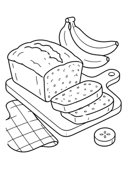 A loaf of freshly baked bread beside bananas on this cozy banana coloring page.