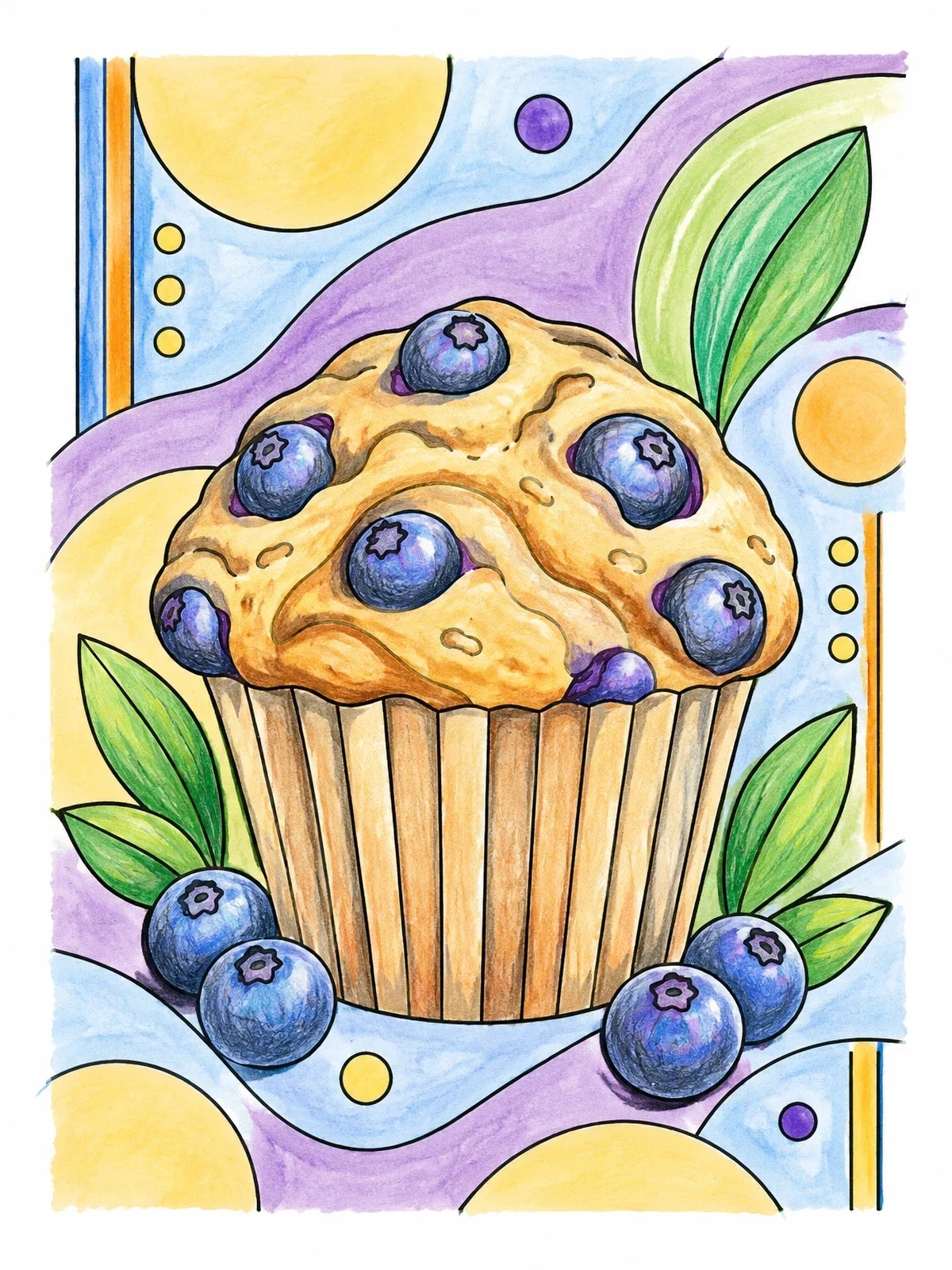 Colored example of the Fresh Blueberry Muffin With Abstract Patterns coloring page