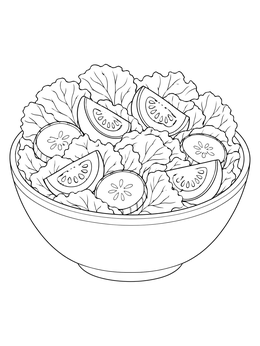 A fresh salad coloring page featuring lettuce leaves, tomato wedges, and cucumbers in a bowl.