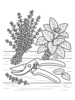 Bundles of thyme and mint lie beside pruning shears on this herb coloring page.