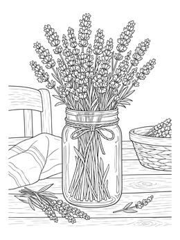 A peaceful lavender coloring page with fragrant blooms arranged in a glass jar on a rustic table.