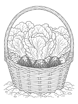 A lettuce coloring page showing freshly harvested heads in a woven basket.