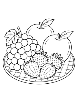 Fresh apples, grapes, and strawberries on this picnic coloring page.