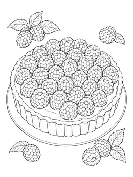 A delicious raspberry coloring page featuring a tart topped with fresh berries on a plate.