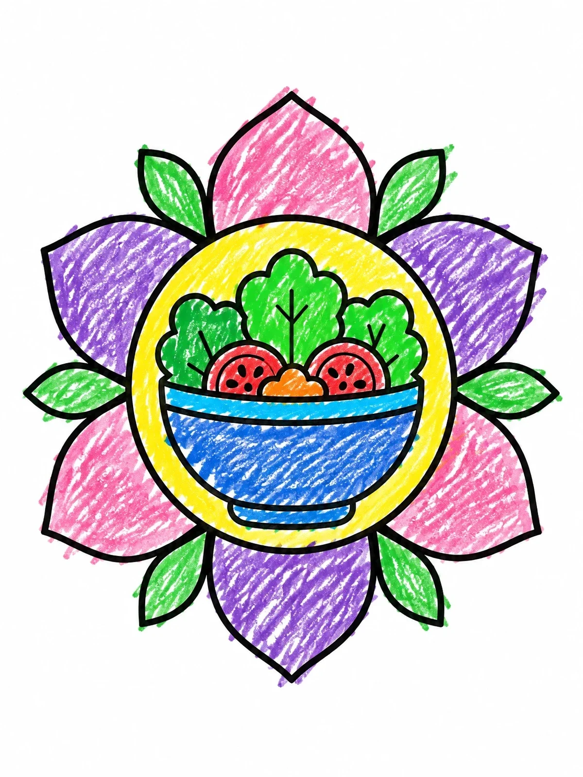 Colored example of the Fresh Salad Bowl Mandala coloring page