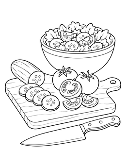 Sliced vegetables and bowl on this salad coloring page ready for fresh coloring.