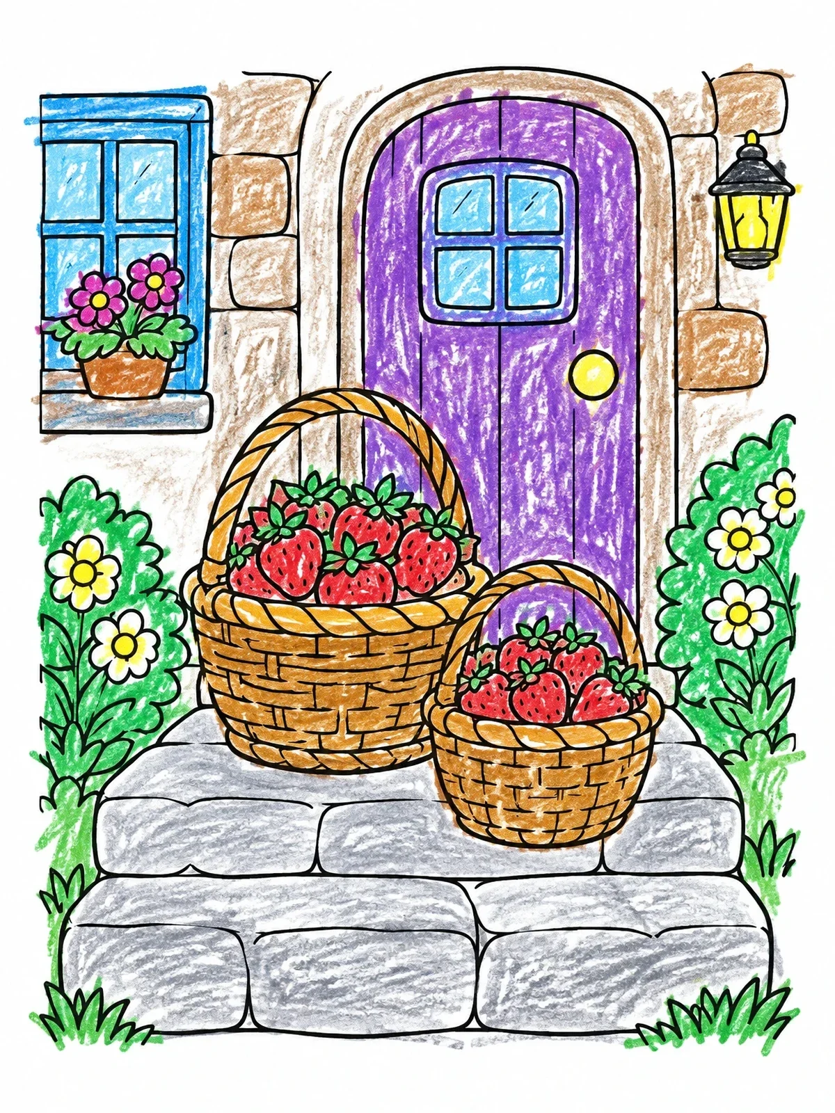 Colored example of the Fresh Strawberries By The Cottage Door coloring page