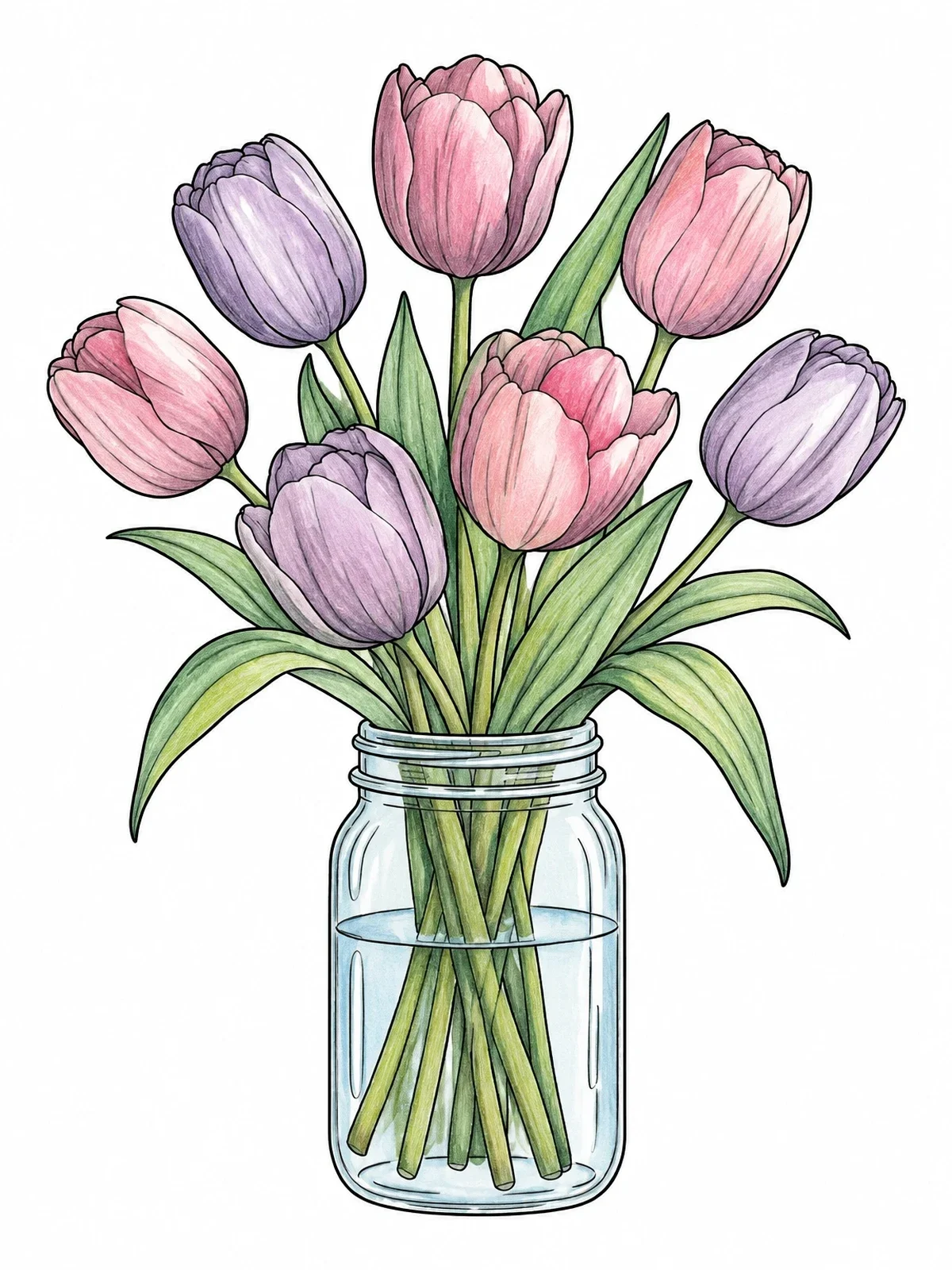 Colored example of the Fresh Tulips In A Glass Jar coloring page