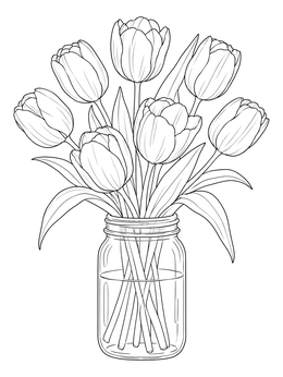 A realistic tulip coloring page showing fresh spring tulips arranged in a clear glass mason jar.