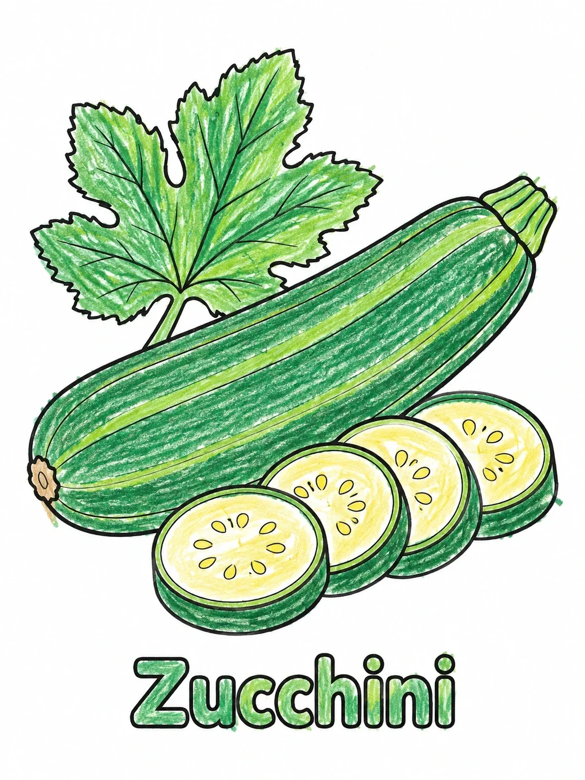 Colored example of the Fresh Zucchini With Slices And Leaf coloring page