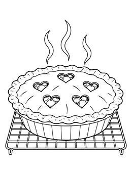A steaming cherry pie coloring page with heart cutouts resting on a wire rack.
