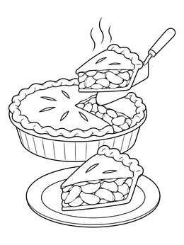 A delicious pie coloring page with a slice lifted by a spatula and one on a plate.