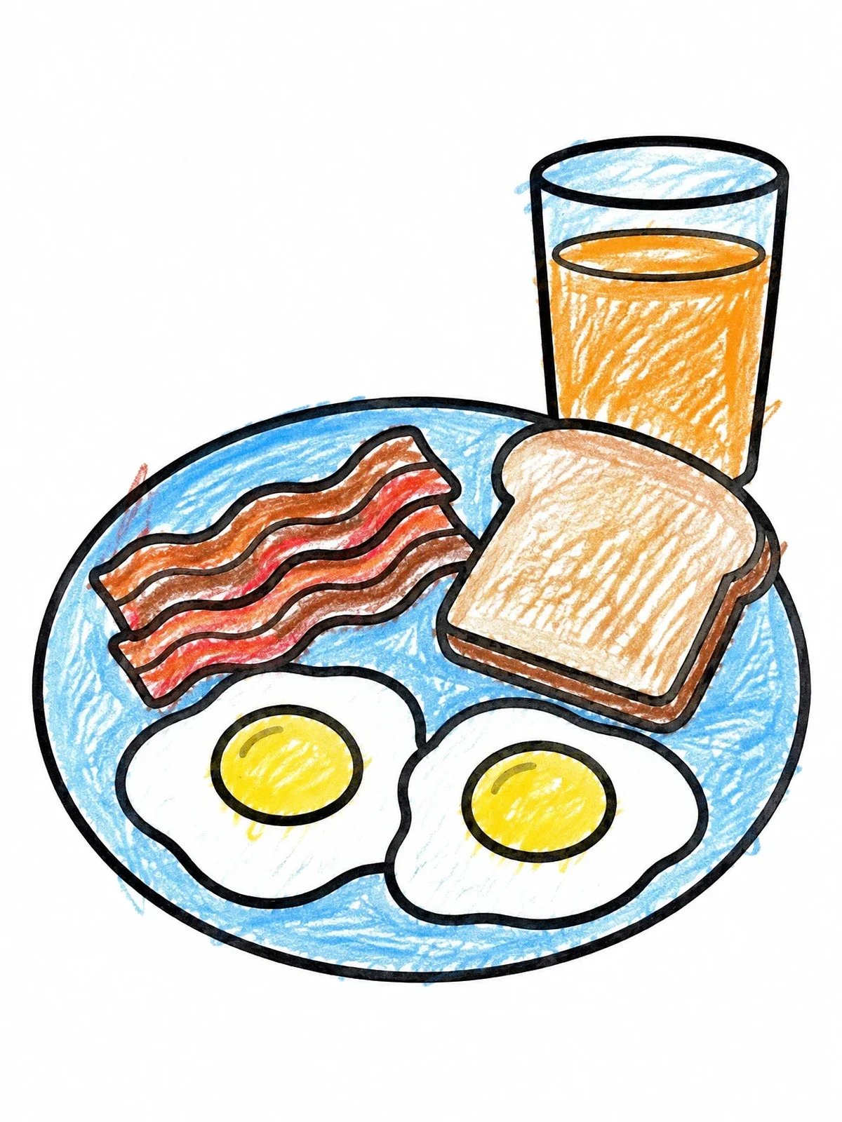 Colored example of the Fried Eggs Bacon And Toast Breakfast coloring page