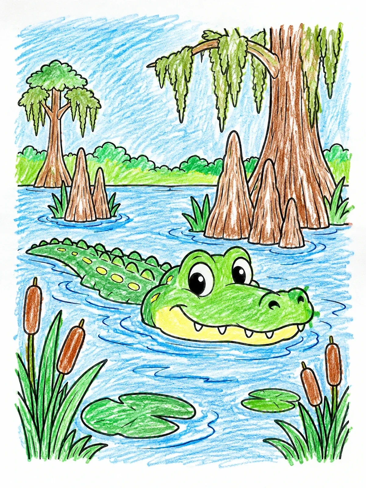 Colored example of the Friendly Alligator Swimming In The Swamp coloring page
