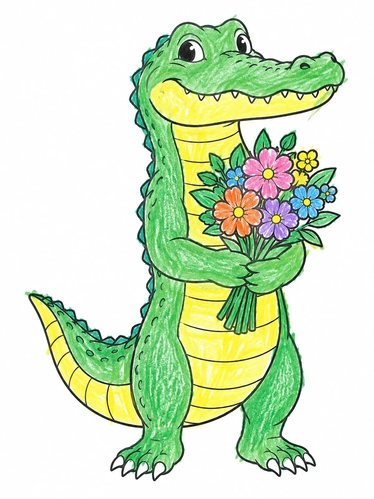 Colored example of the Friendly Alligator With Flower Bouquet coloring page