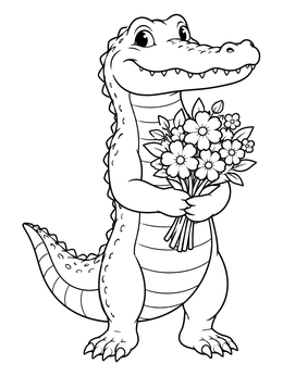 A cheerful cartoon alligator coloring page showing a standing reptile holding a lovely bouquet of flowers.