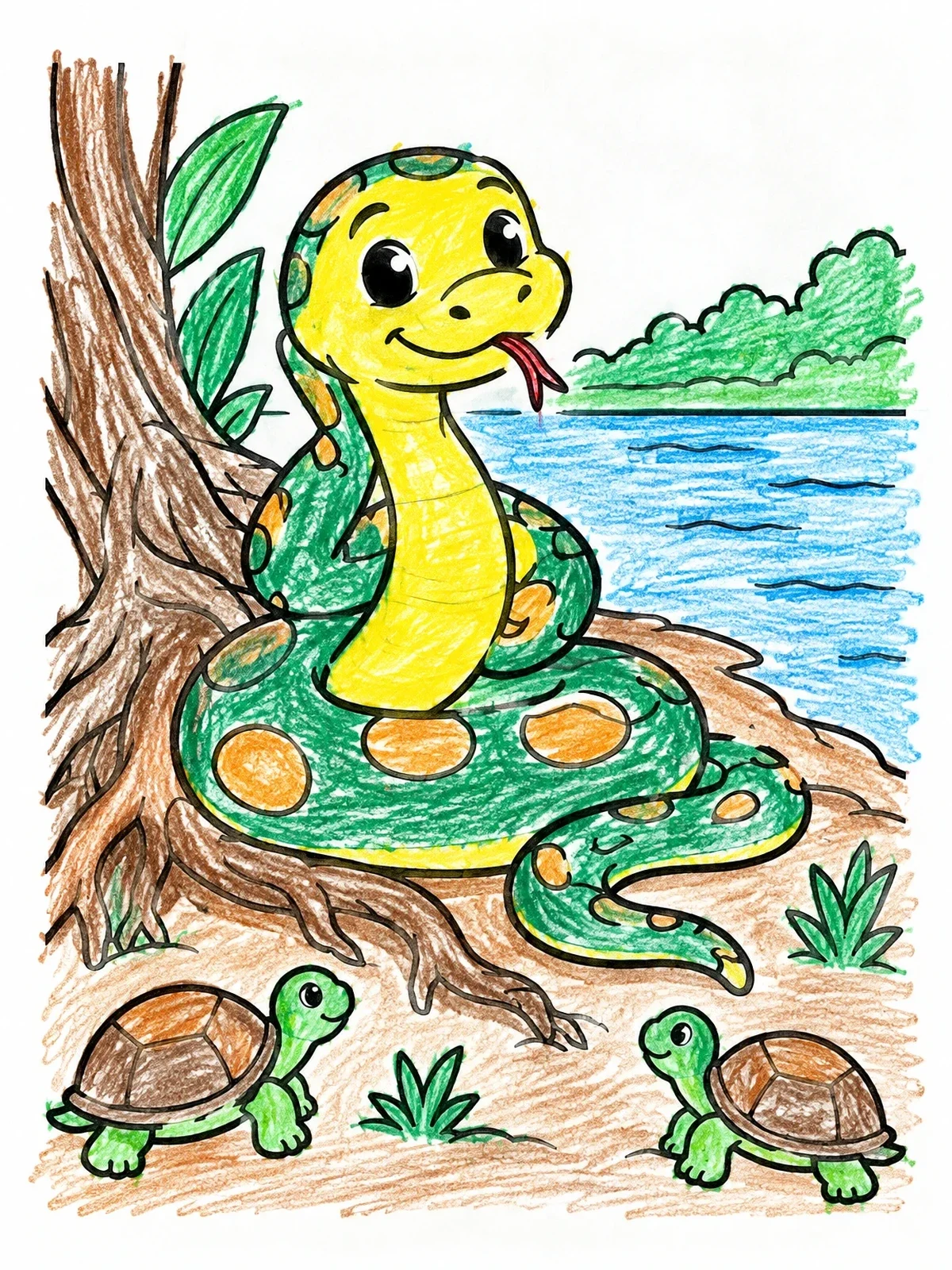 Colored example of the Friendly Anaconda And River Turtles coloring page