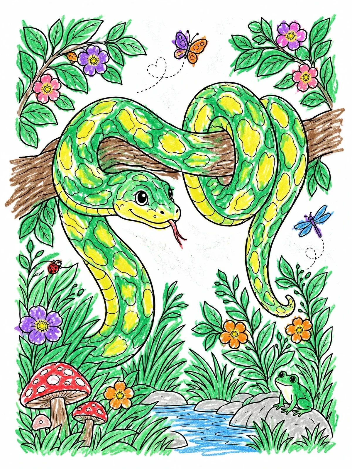 Colored example of the Friendly Anaconda In The Jungle coloring page