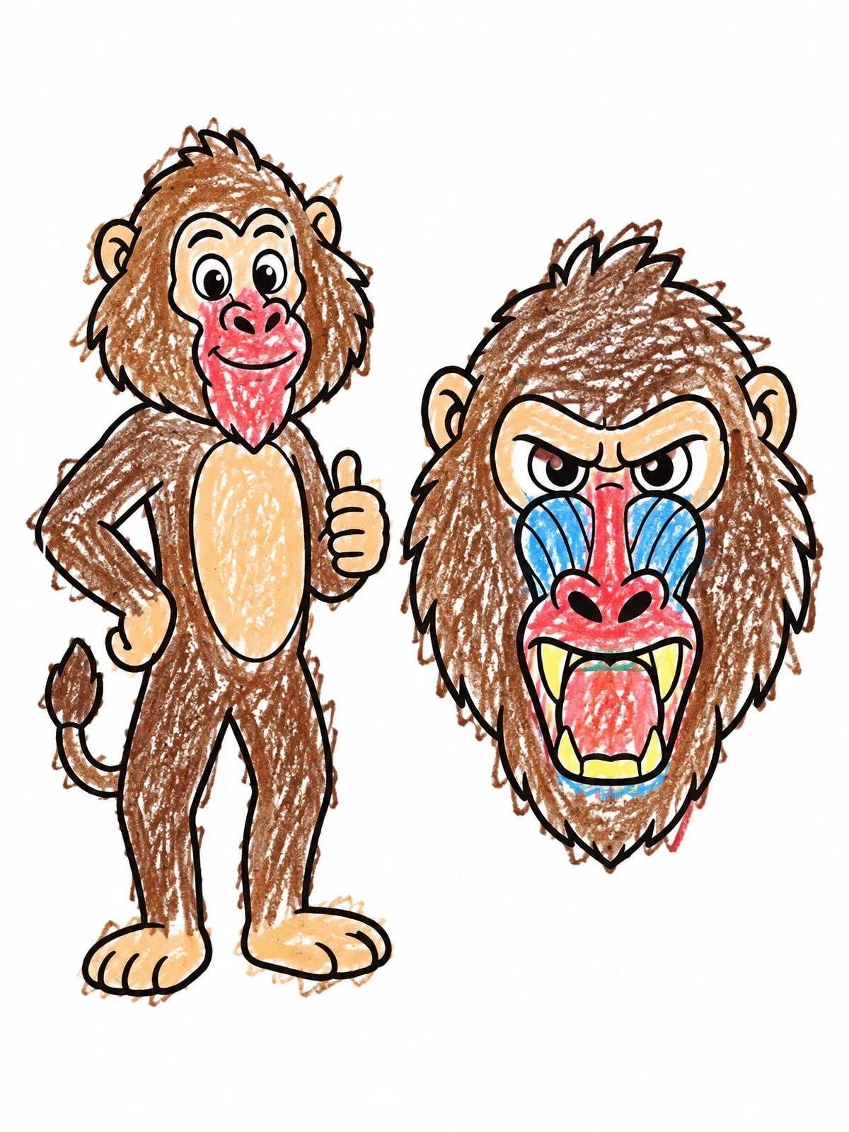 Colored example of the Friendly And Fierce Baboon Expressions coloring page