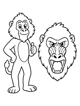 A cheerful cartoon monkey standing beside a fierce baboon coloring page.