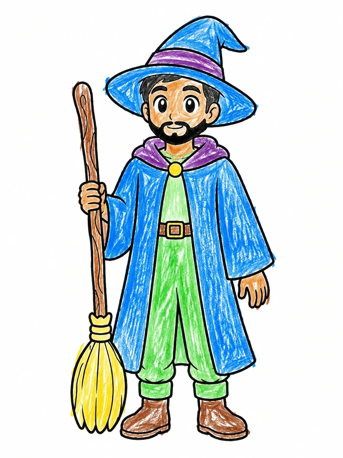 Colored example of the Friendly Anime Wizard With Broom coloring page