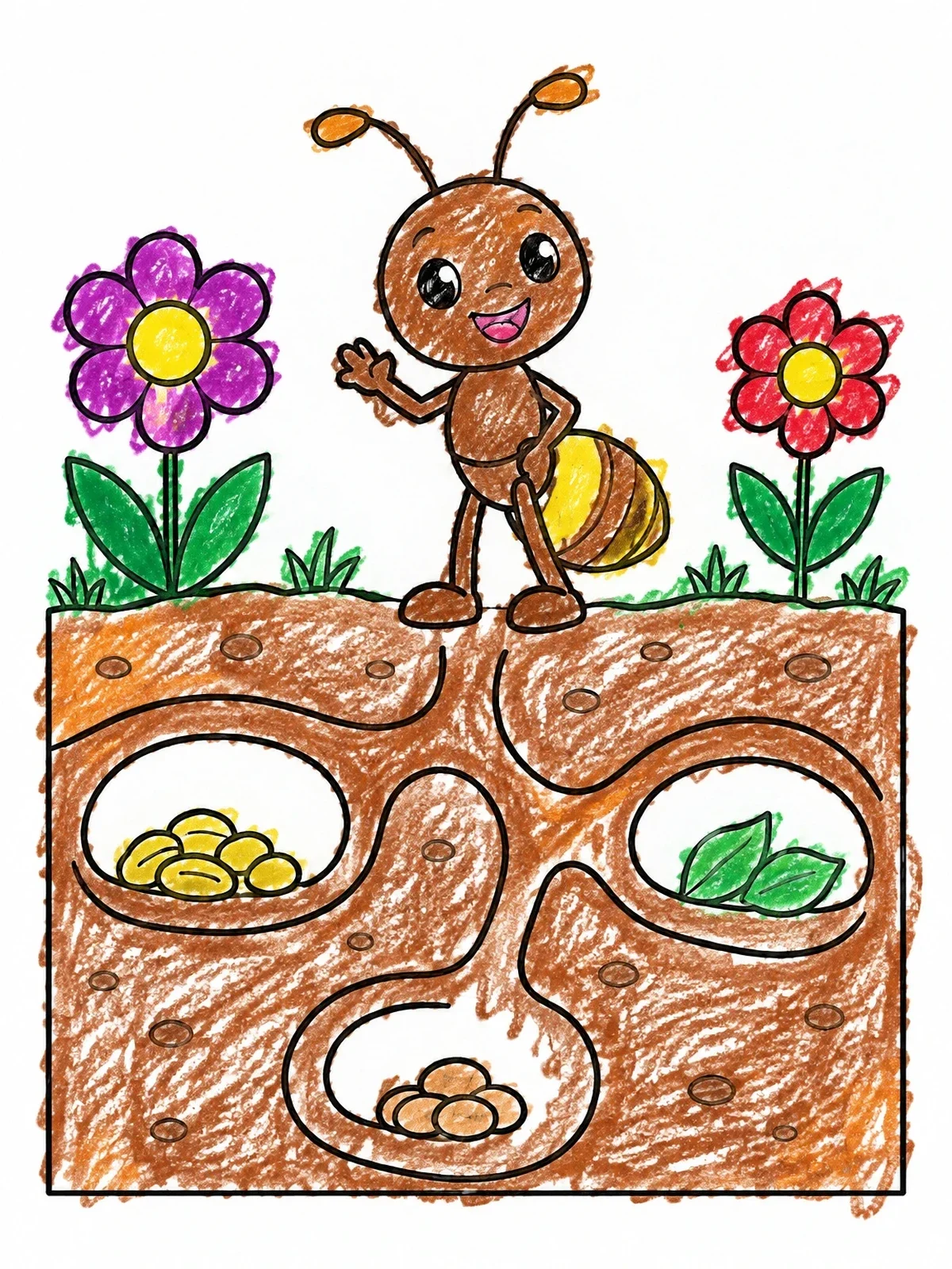 Colored example of the Friendly Ant Above Underground Tunnels coloring page