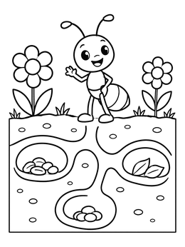 A cheerful cartoon ant coloring page showing flowers on the grass and underground tunnels.