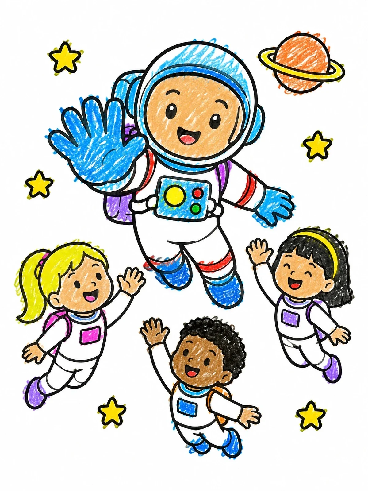 Colored example of the Friendly Astronaut Waving To Space Kids coloring page