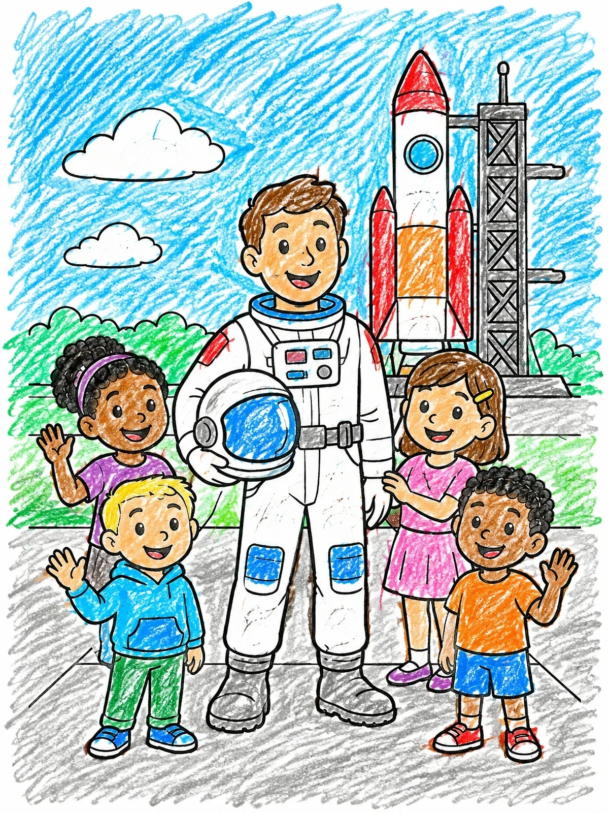 Colored example of the Friendly Astronaut With Cheerful Children coloring page