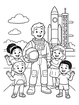 An astronaut coloring page featuring a spaceman holding his helmet while surrounded by smiling kids.