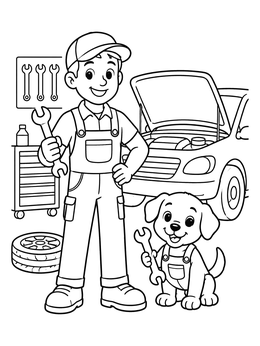 Free printable Friendly Auto Mechanic And Puppy Assistant coloring page