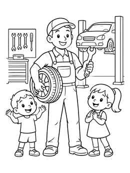 Free printable Friendly Auto Mechanic With Visiting Children coloring page