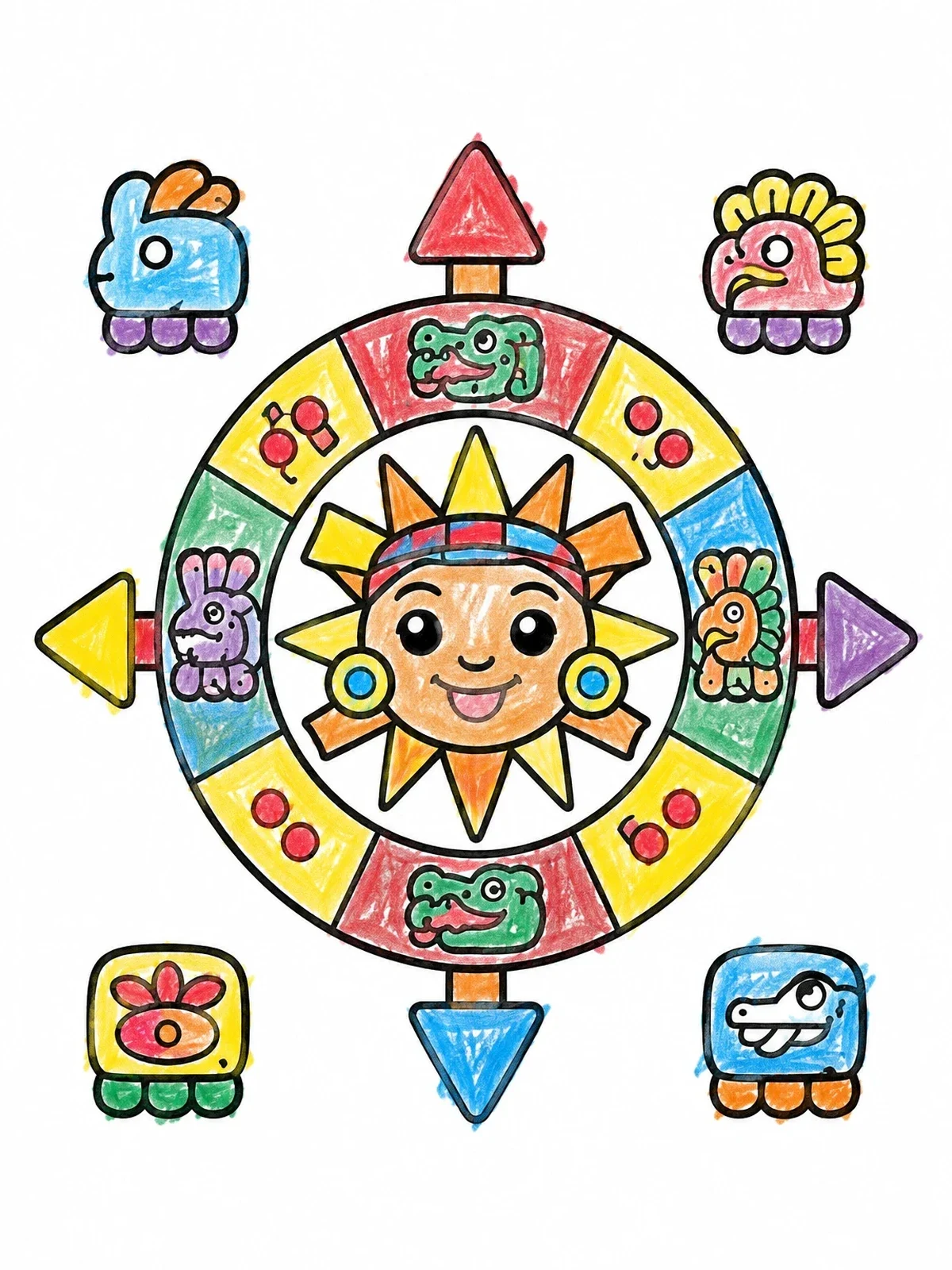 Colored example of the Friendly Aztec Sun Calendar Wheel coloring page