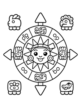 Free printable Friendly Aztec Sun Calendar Wheel coloring page