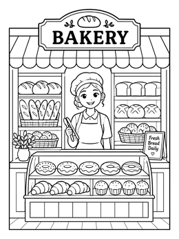 Free printable Friendly Baker At Cozy Bakery Shop coloring page