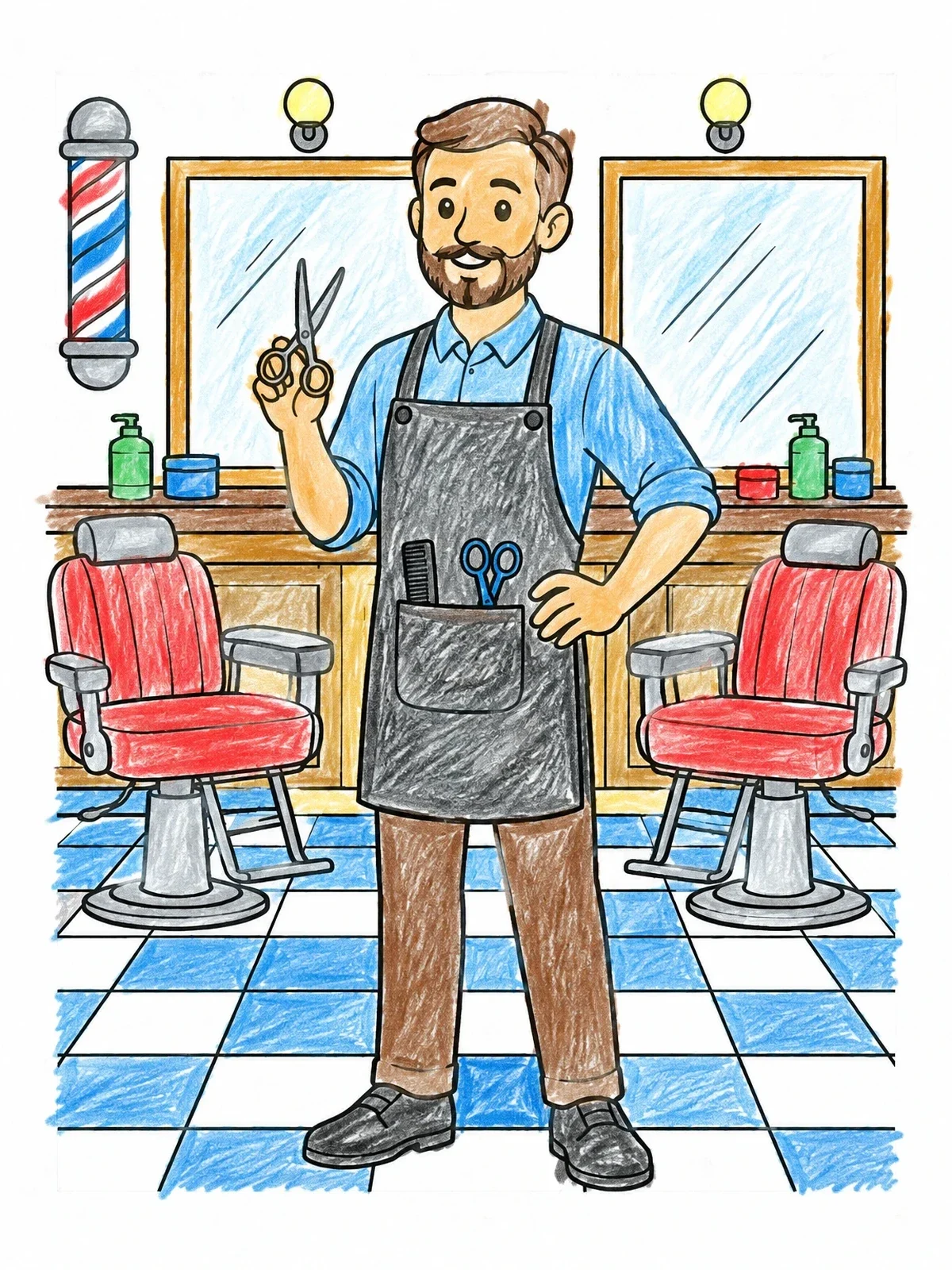 Colored example of the Friendly Barber In His Shop coloring page