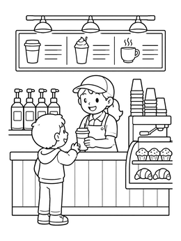 Free printable Friendly Barista Serving Customer At Cafe coloring page