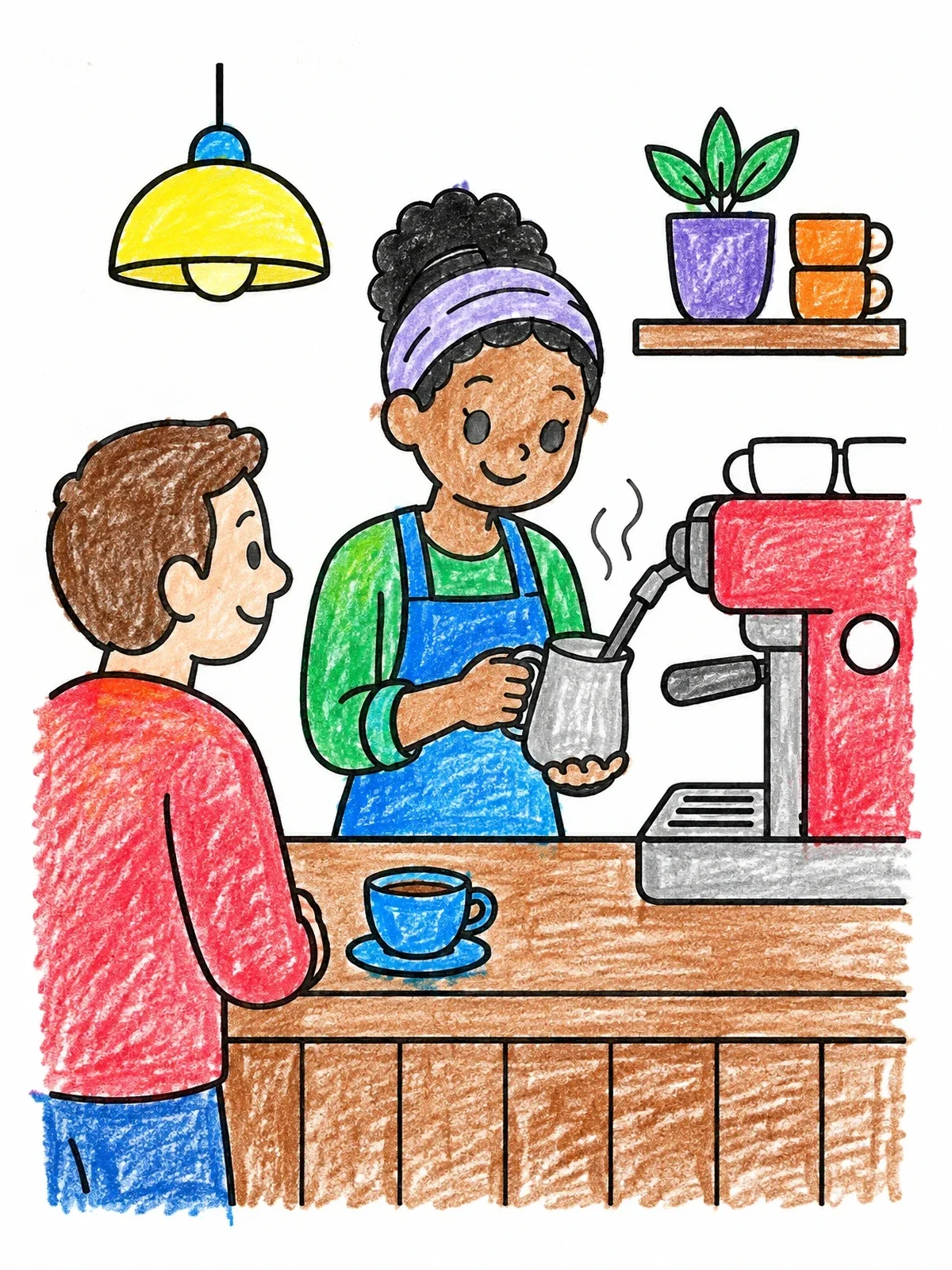 Colored example of the Friendly Barista Steaming Milk coloring page
