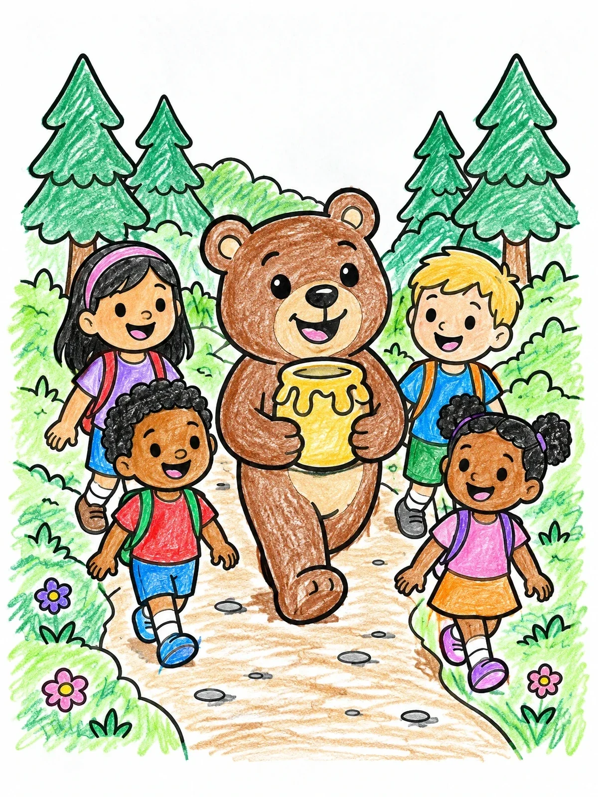 Colored example of the Friendly Bear And Hiking Kids coloring page