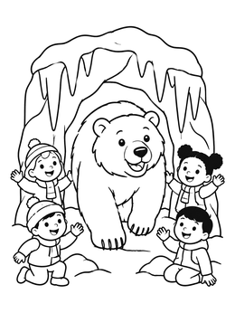 A friendly bear in an ice cave surrounded by happy children in this ice coloring page.