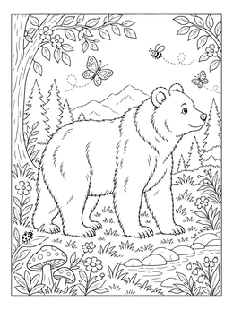 A friendly bear coloring page walking through a scenic forest with flowers.