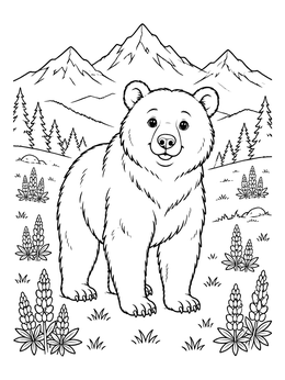 A friendly bear coloring page standing in an alpine meadow with lupines and mountains.