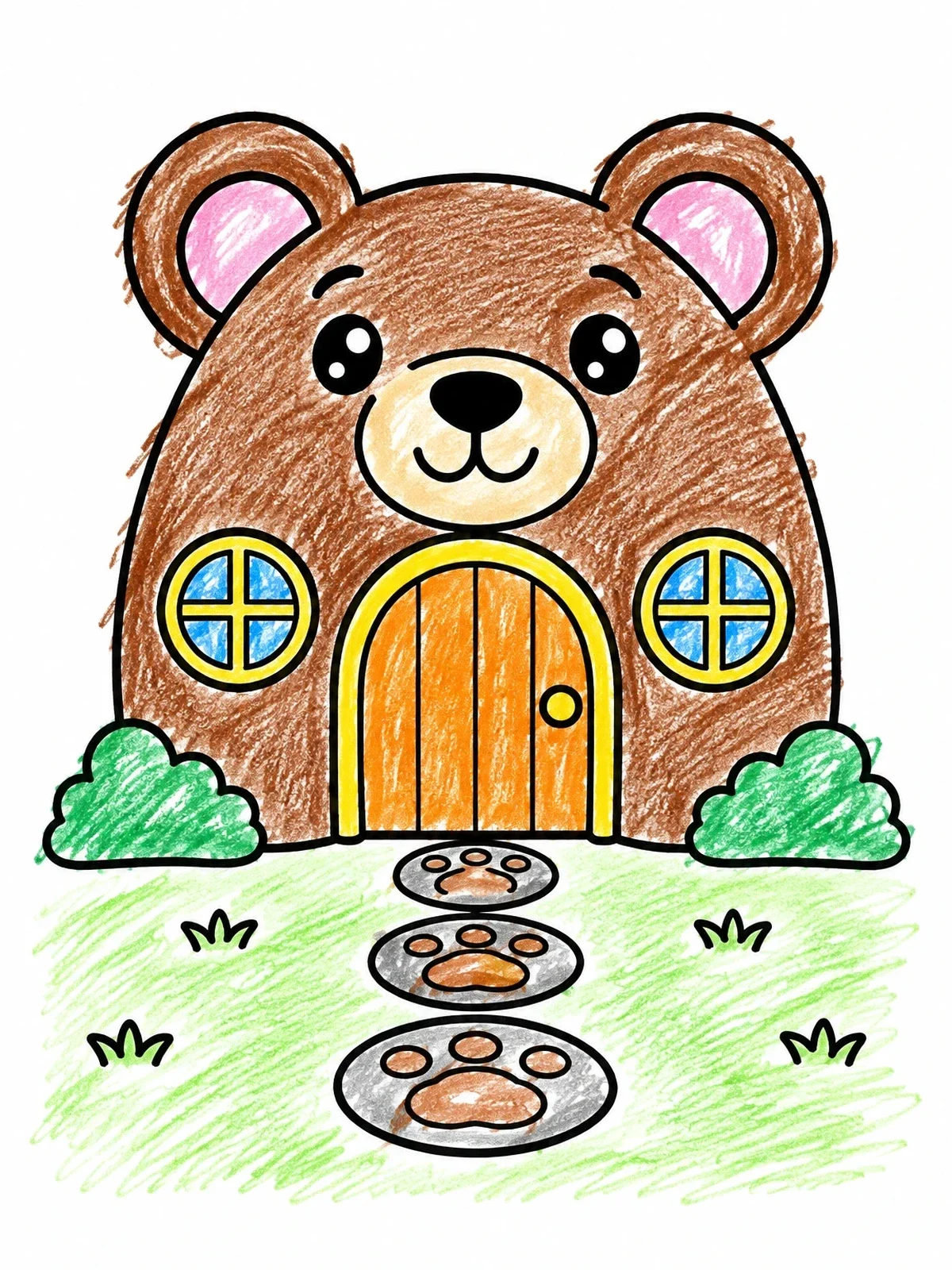 Colored example of the Friendly Bear Playhouse With Paw Steps coloring page