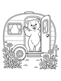Free printable Friendly Bear In Teardrop Camper coloring page