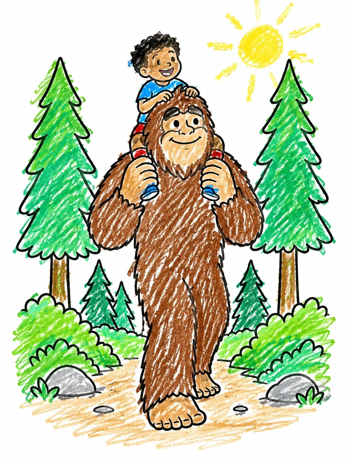 Colored example of the Friendly Bigfoot Carrying Boy On Shoulders coloring page